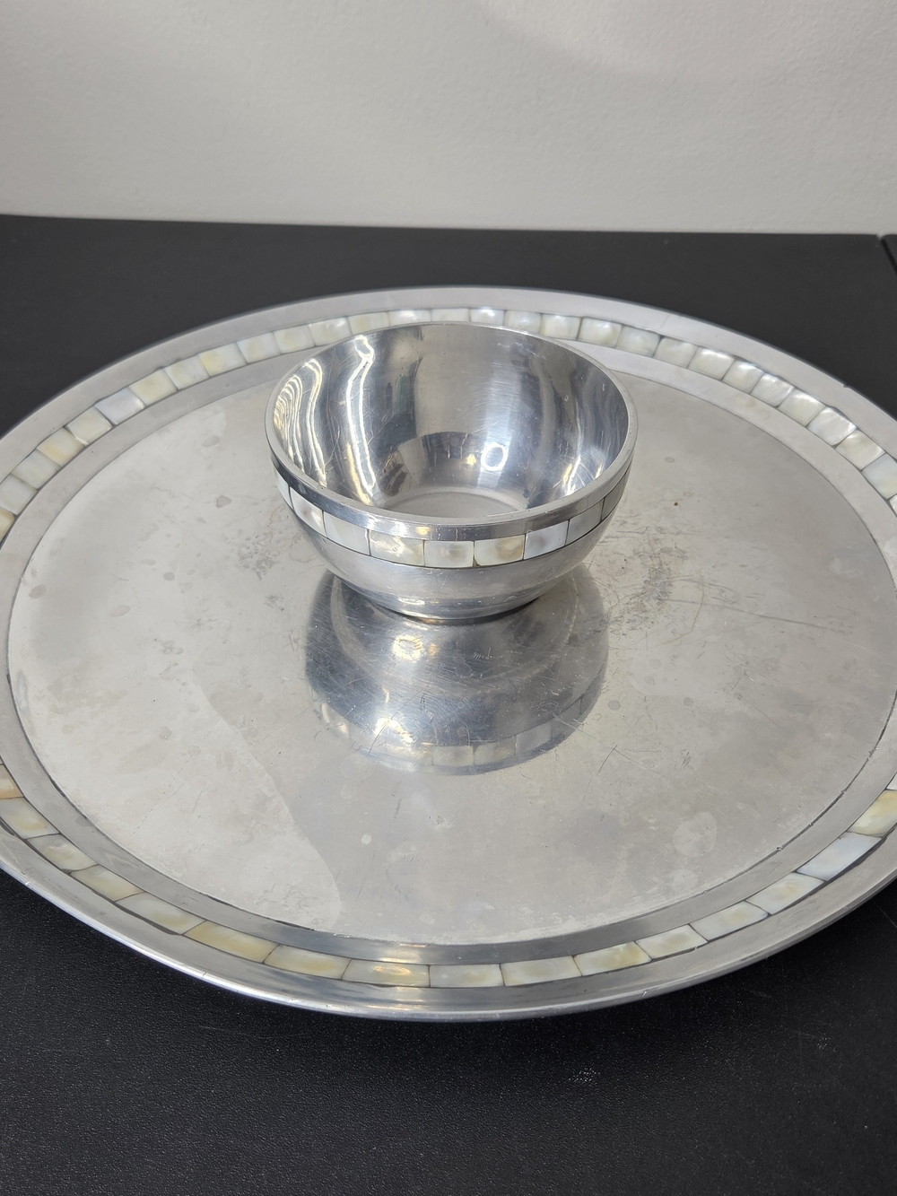 Towle Silversmiths Chip & Dip Server Mother Pearl Inlay Metal Platter